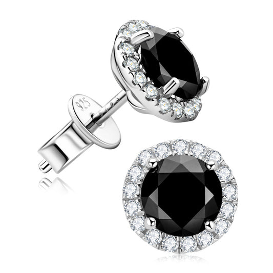 Sterling silver stud earrings with round black center stones and clear crystal halo