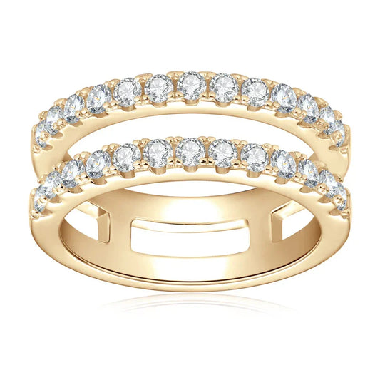 Gold double band ring with two rows of clear round-cut gemstones, luxury jewelry design