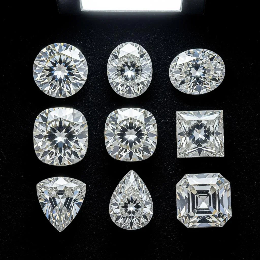 Nine loose diamonds of various cuts on black background under bright light