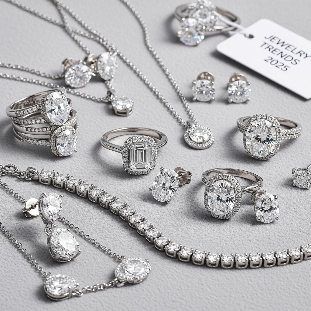 Diamond rings, necklaces, earrings, and bracelet on gray background with 'Jewelry Trends 2025' tag