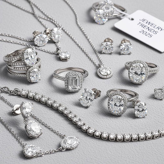 Diamond rings, necklaces, earrings, and bracelet on gray background with 'Jewelry Trends 2025' tag