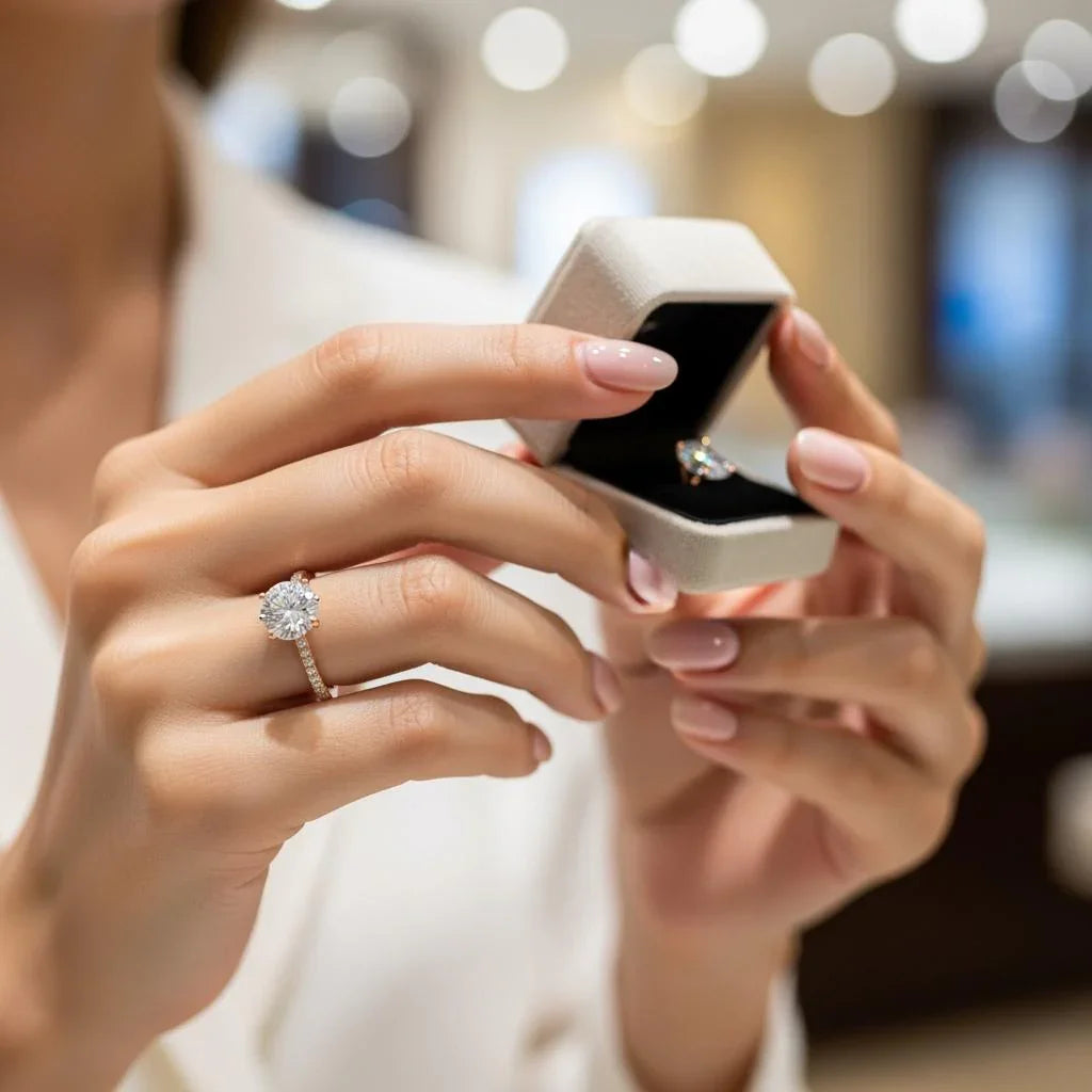 Woman holding diamond engagement ring in jewelry box, elegant manicure, blurred background