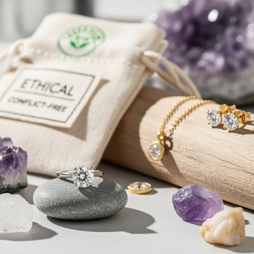 Ethical conflict-free diamond jewelry with gemstones and pouch in natural light