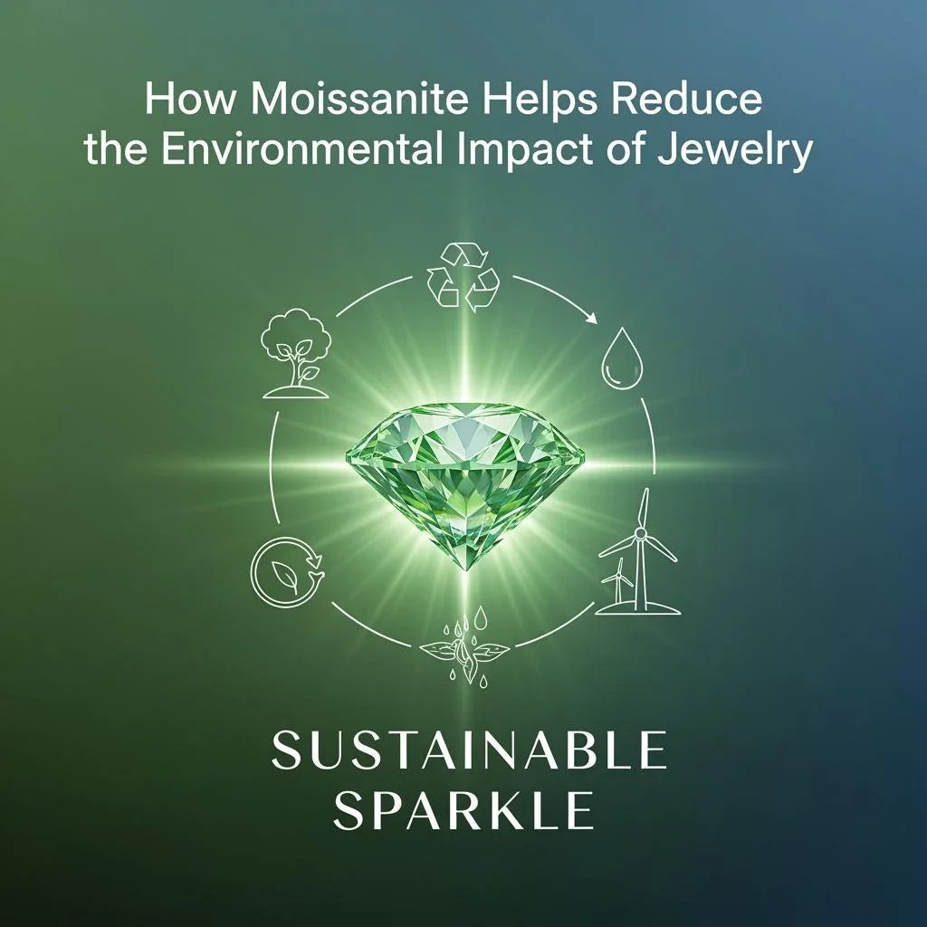 Green moissanite gemstone with eco-friendly icons and text about reducing jewelry's environmental impact.