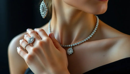 Elegant woman wearing diamond necklace, ring, and large diamond earrings