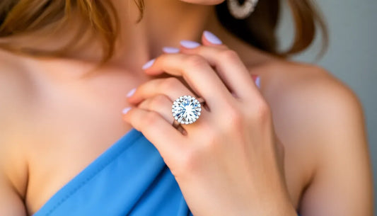 Woman wearing large round diamond ring with blue dress and manicured nails